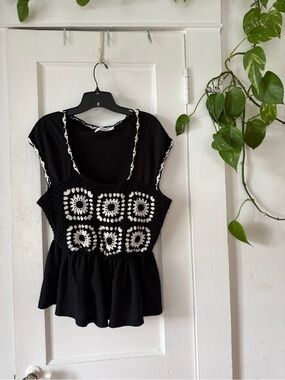TRENDMATES Black Crochet-Paneled Peplum Camisole Top